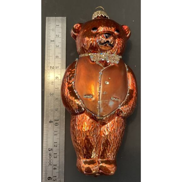 Vintage Lauscha Glas Creation Bear Christmas Ornament Blown Glass Orange Vest - Picture 7 of 8
